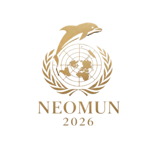 NEOMUN 2026 gold emblem: a dolphin above a globe and laurel wreath